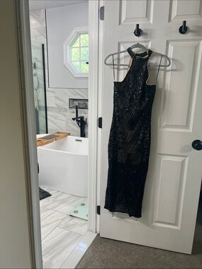 Emprada Black Nude Sequin Mesh Halter Midi Dress M